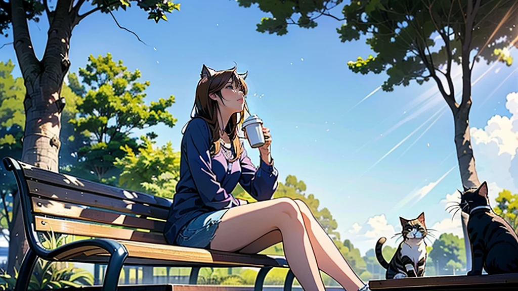 (Woman sitting on a park bench looking up at the sky),(Have a coffee),(Cozy and comfortable seating),(Sunlight filtering through the trees),(Clear skies),(noon),(Ultra-detailed anime-style scenery wallpaper),A woman is drinking coffee alone,((cat)),