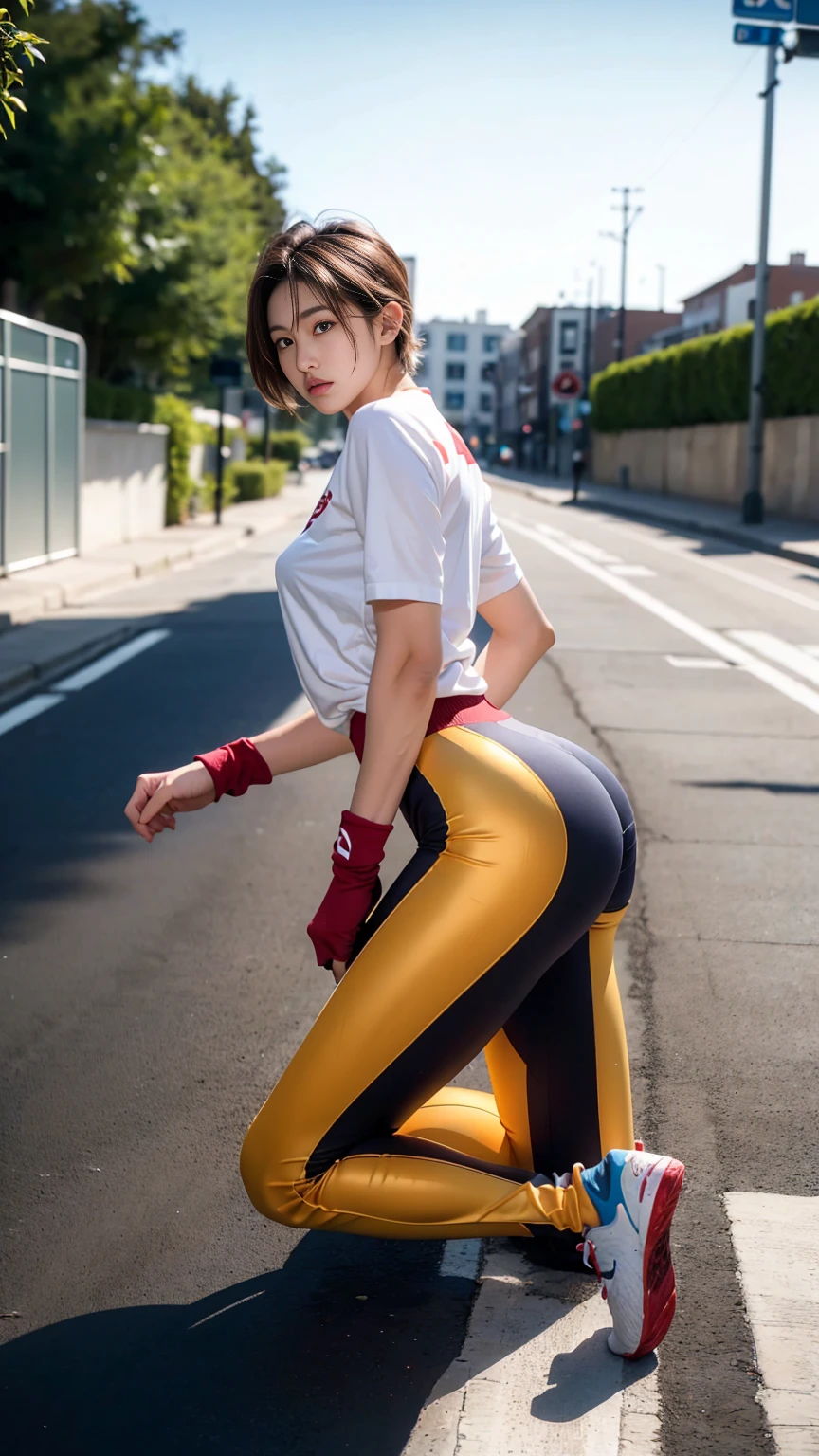 masterpiece,best quality, (A well-built 18-year-old tall boy:1.2), male,(Kneeling upright in the street:1.2),Orange tight cycling suit,(Broad shoulders),Muscular shoulders,(Extremely strong body),Fitness,Inverted triangle figure,Biceps,(Frontal upward perspective), Muscular body,Small head,(Handsome and cute face),V-Shaped Face,Perfectly detailed facial features,sports shoes,Looking at the camera,An angry and serious expression,leaning back,head tilt, happy, very short hair, brown hair,(looking at viewer:1.2),Anatomically correct,Wide-angle lens