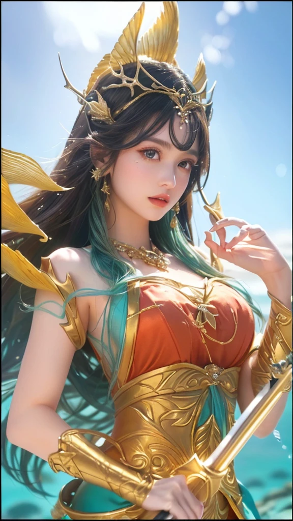 a close up of a woman in a costume holding a spear, queen of the sea, 1girl, detailed eyes, detailed lips, long eyelashes, beautiful face, ethereal, elegant, majestic, regal, dramatic lighting, underwater scene, shimmering sea, coral reef, schools of fish, kelp forest, photorealistic, highly detailed, cinematic, epic, fantasy, masterpiece