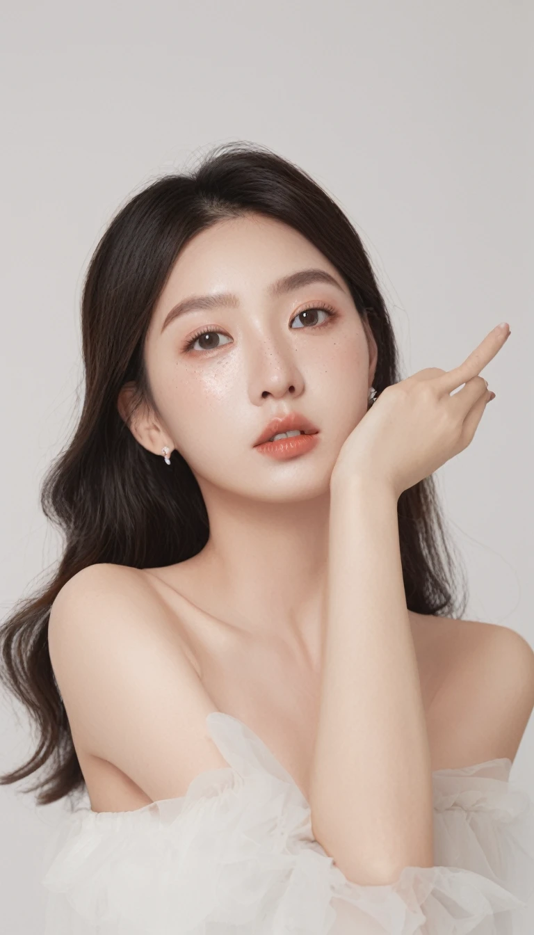 Beautiful skin woman like model in skincare advertisement　Makeup is light　clean　white  clothes　　age 30s　Photorealistic skin　I don't know what AI is　Close to human　Closing your eyes　press your face with your hands