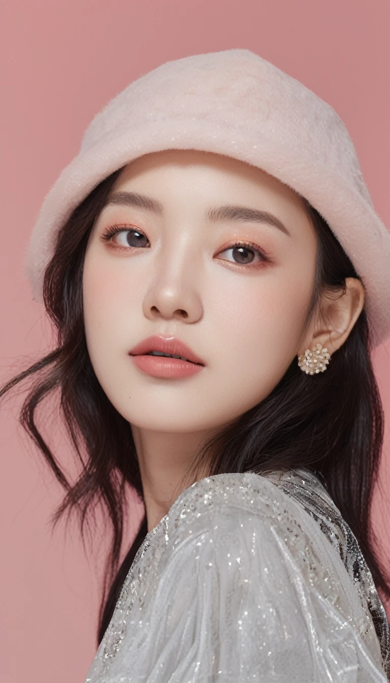 Ultra-wide angle shooting, Front view, One girl holding shopping bags and pointing finger up, woman, (Photorealistic)、(Intricate details:1.2)、(masterpiece、:1.3)、Large Breasts，Facial beauty, (Highest quality:1.4)、(Ultra-high resolution:1.2)、Ultra-high resolution、(Detailed eyes)、(Detailed faceの特徴), ((Realistic lighting、Highest quality、8K、Natural light, masterpiece:1.3))、Bright photo, Clear focus:1.2、One Girl、Perfect beauty:1.4、Super Fine Face、Big narrow eyes、double eyelid、Photo Real, Perfect Eyes, Perfect Skin, Detailed skin, Detailed face, The audience watching, Front view, Portraiture, RAW Photos, Simple soft pink background, (intricate Detailed skin textured:1.4) Front view, The audience watching, Clear Face,  1 Girl、Polate、Bright and very beautiful face、beautiful girl, Stunning portraits showcasing the beauty of Korean models. The composition is soft, Natural lighting , Bright Eyes, Impressive cheekbones. Her Shiny,  The background is a simple white background,  Wear a sweet shirt, Neat hair, Long Hair, Instagram Model, Profile photo, Bright and natural