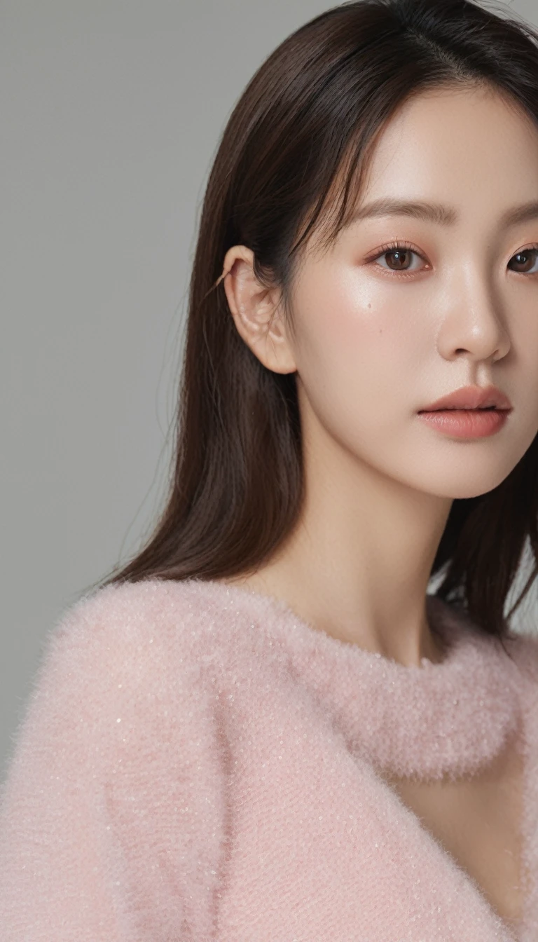 Ultra-wide angle shooting, Front view, One girl holding shopping bags and pointing finger up, woman, (Photorealistic)、(Intricate details:1.2)、(masterpiece、:1.3)、Large Breasts,Facial beauty, (Highest quality:1.4)、(Ultra-high resolution:1.2)、Ultra-high resolution、(Detailed eyes)、(Detailed faceの特徴), ((Realistic lighting、Highest quality、8K、Natural light, masterpiece:1.3))、Bright photo, Clear focus:1.2、One Girl、Perfect beauty:1.4、Super Fine Face、Big narrow eyes、double eyelid、Photo Real, Perfect Eyes, Perfect Skin, Detailed skin, Detailed face, The audience watching, Front view, Portraiture, RAW Photos, Simple soft pink background, (intricate Detailed skin textured:1.4) Front view, The audience watching, Clear Face, 1 Girl、Polate、Bright and very beautiful face、beautiful girl, Stunning portraits showcasing the beauty of Korean models. The composition is soft, Natural lighting , Bright Eyes, Impressive cheekbones. Her Shiny, The background is a simple white background, Wear a sweet shirt, Neat hair, Long Hair, Instagram Model, Profile photo, Bright and natural