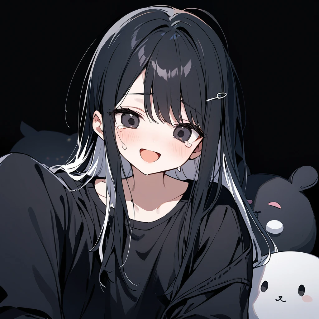 long hair, black hair, white inner hair, crying, open mouth, smile, flustered, Illustration where the pupil does not overlap the lower lash line, The lower half of the eye is white, vacant eyes, black eyes, cellphone, oversized clothes, sleeves past wrists, , black cardigan, black ribbon, piercing, stuffed animal, black background, 1girl, solo, hairpin