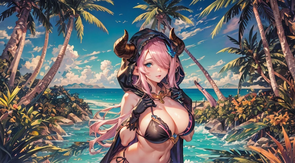 Vibrant, high-definition anime-style illustration set on a tropical beach. The layout features a central female character, Narmaya, with long pink hair, partially covered by a hooded cloak adorned with brown horns. She has fair skin, large expressive blue eyes and pink pupils, and a small blue butterfly hair clip. One eye is covered by her hair. The character is wearing a revealing black bikini with gold accents, and her hands are holding the edges of her cloak. The background showcases a pristine beach with white sand, lush green foliage, and tall palm trees. The clear blue sky and turquoise ocean complete the idyllic setting, with distant islands visible on the horizon. Narmaya and her attire are meticulously detailed. The intense effort put into shading brings this image to a realistic style. Gorgeous vibrant colors draw the eye. Narmaya's suggestive stance brings the viewers focus to her large and perfectly shaped breasts. The image is both magical and erotic. 

(masterpiece), best quality, expressive eyes, perfect face, suggestive pose, purple and pink background, seductive, fantasy, 8k, absurdres, narmaya, pink hair, blue eye with pink pupil, hair over eye, draph, horns, butterfly hair clip, black bikini, hood, defined hands, perfect hands, perfect fingers,