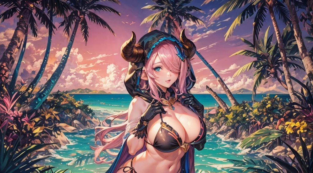 Vibrant, high-definition anime-style illustration set on a tropical beach. The layout features a central female character, Narmaya, with long pink hair, partially covered by a hooded cloak adorned with brown horns. She has fair skin, large expressive blue eyes and pink pupils, and a small blue butterfly hair clip. One eye is covered by her hair. The character is wearing a revealing black bikini with gold accents, and her hands are holding the edges of her cloak. The background showcases a pristine beach with white sand, lush green foliage, and tall palm trees. The clear blue sky and turquoise ocean complete the idyllic setting, with distant islands visible on the horizon. Narmaya and her attire are meticulously detailed. The intense effort put into shading brings this image to a realistic style. Gorgeous vibrant colors draw the eye. Narmaya's suggestive stance brings the viewers focus to her large and perfectly shaped breasts. The image is both magical and erotic. 

(masterpiece), best quality, expressive eyes, perfect face, suggestive pose, purple and pink background, seductive, fantasy, 8k, absurdres, narmaya, pink hair, blue eye with pink pupil, hair over eye, draph, horns, butterfly hair clip, black bikini, hood, defined hands, perfect hands, perfect fingers,