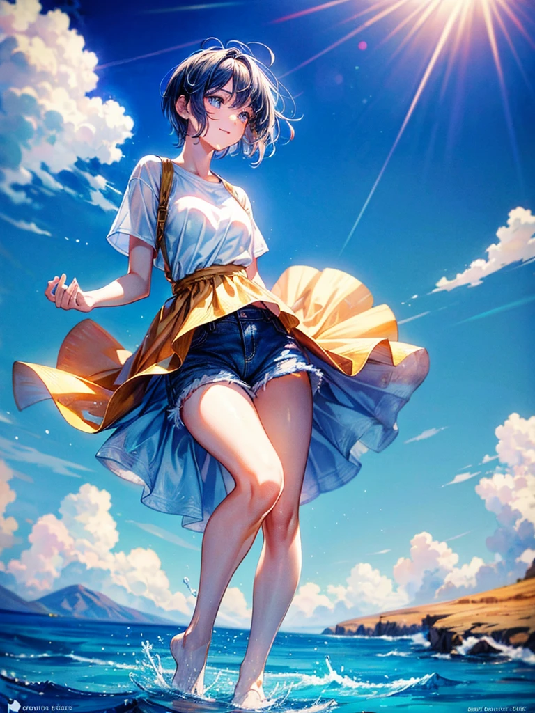 Masterpiece, high-definition, detailed depiction, beautiful, delicate art, of a flame smiling, looking up at the blue sky, side shot, with short hair, wearing a white T-shirt and denim shorts,{{full body shot}},ground-level shot,beautiful blue sky, vivid watercolor, soft lines, beautiful colors, in 4K graphics.