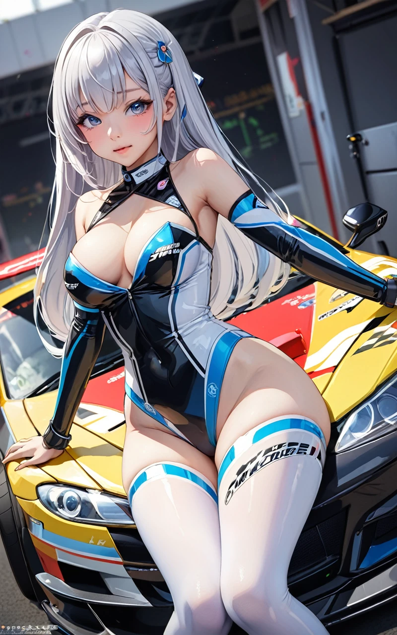 Highest quality、super high quality、16K, Sexy ass、Facial expressions are random、The location is a circuit、 Hair color is silver hair、The pose is prone.、The distance is random、Angles are random、Small face、Very delicate facial expressions、Delicate eye depiction、Highly detailed hair、Erotic、18-year-old female、Glowing Skin、Soft Skin、The only sexy Japanese woman、Race queen outfit random、