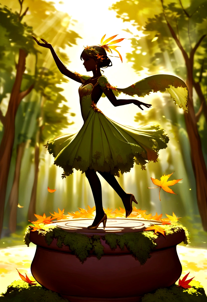 An ethereal scene of a miniature figure made from autumn leaves and delicate feathers, dancing on a weathered terracotta pot, covered in moss. Set against a vibrant forest backdrop with sunlight filtering through the trees, casting intricate shadows. The color palette features warm sienna, umber, and olive green, with touches of emerald and gold, evoking a sense of enchantment and wonder. hd quality