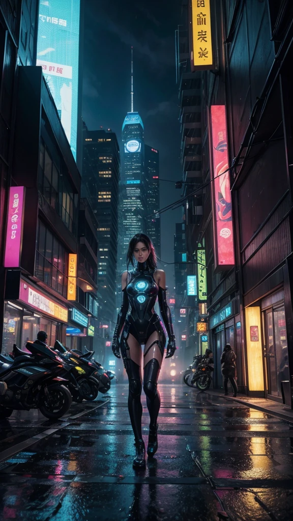 Describe the female corean figure with a focus on her cybernetic enhancements and futuristic attire. Emphasize the sleek integration of technology with her humanoid form, detailing glowing circuitry, metallic textures, and possibly translucent panels revealing inner workings. Highlight elements of her expression that convey both human emotion and machine-like precision.

Set the scene in a cyberpunk cityscape characterized by neon-lit skyscrapers, bustling crowds of augmented individuals, and hovering vehicles. Include gritty alleyways adorned with holographic graffiti and intricate digital billboards displaying advertisements for futuristic technologies.

Capture the mood of the scene through stark contrasts of bright neon colors against the dark, rain-soaked streets. Use dynamic composition and perspective to emphasize the verticality and density of the urban environment, creating a sense of depth and immersion.

Avoid mimicking the exact style of any particular artist, focusing instead on thematic elements such as technological innovation, urban dystopia, and the fusion of humanity with machine. The goal is to create an artwork that resonates with the vibrant energy and speculative nature characteristic of cyberpunk and futuristic science fiction."

This prompt aims to inspire an illustration that embodies the essence of cyberpunk while showcasing imaginative elements of advanced technology and urban life in a futuristic setting.