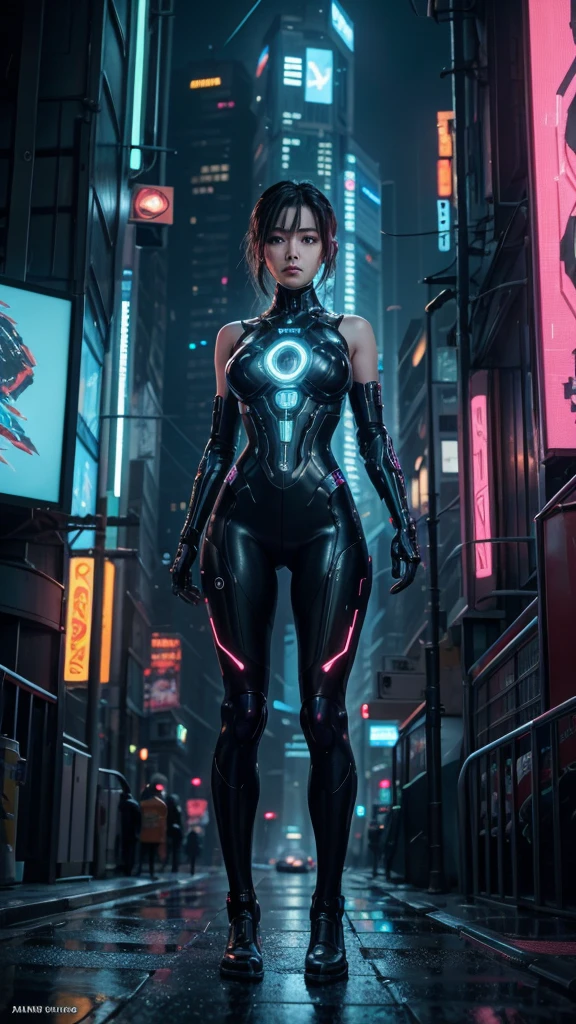 Describe the female corean figure with a focus on her cybernetic enhancements and futuristic attire. Emphasize the sleek integration of technology with her humanoid form, detailing glowing circuitry, metallic textures, and possibly translucent panels revealing inner workings. Highlight elements of her expression that convey both human emotion and machine-like precision.

Set the scene in a cyberpunk cityscape characterized by neon-lit skyscrapers, bustling crowds of augmented individuals, and hovering vehicles. Include gritty alleyways adorned with holographic graffiti and intricate digital billboards displaying advertisements for futuristic technologies.

Capture the mood of the scene through stark contrasts of bright neon colors against the dark, rain-soaked streets. Use dynamic composition and perspective to emphasize the verticality and density of the urban environment, creating a sense of depth and immersion.

Avoid mimicking the exact style of any particular artist, focusing instead on thematic elements such as technological innovation, urban dystopia, and the fusion of humanity with machine. The goal is to create an artwork that resonates with the vibrant energy and speculative nature characteristic of cyberpunk and futuristic science fiction."

This prompt aims to inspire an illustration that embodies the essence of cyberpunk while showcasing imaginative elements of advanced technology and urban life in a futuristic setting.