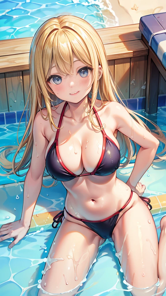 ((Highest quality、、masterpiece:1.3)), Upper Body、Long legs、Sharp focus:1.2, Beautiful woman with perfect figure:1.4、((Big Breasts:1.2)), (Smiling:1.2), Face and skin texture crafted to the smallest detail、Fine-grained、double eyelid、30-year-old female、sexly、((((Swimwear、Poolside))))、blonde、long hair、Blue Eyes