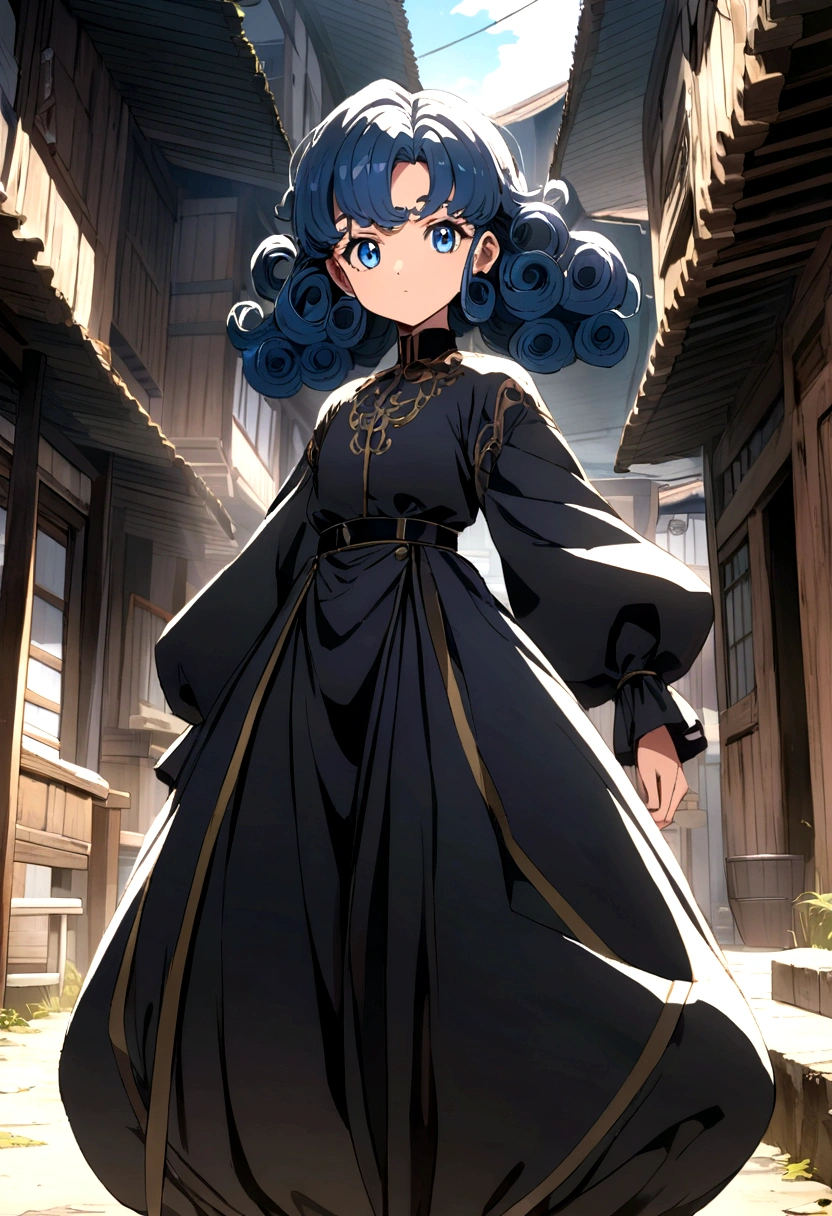 Anime character with curly hair black jacket and baggy pants blue eyes