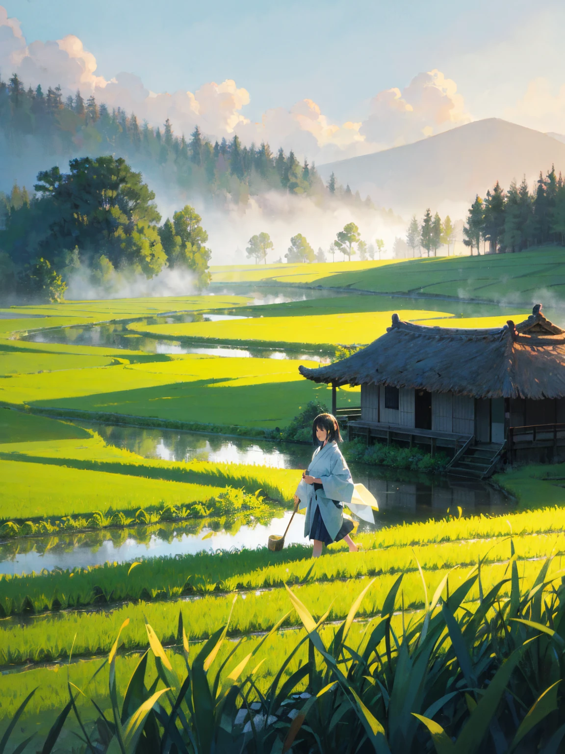 There is a woman walking through a rice field, in the background is a hut with rice fields, rice fields, neat rice seedlings in the fields, misty rain, villages, agriculture, in the tranquil landscape, misty weather, in the vast peaceful landscape, in the early morning, in the morning mist, behind a small village, mist, Japanese countryside, thatched roofs --v 6