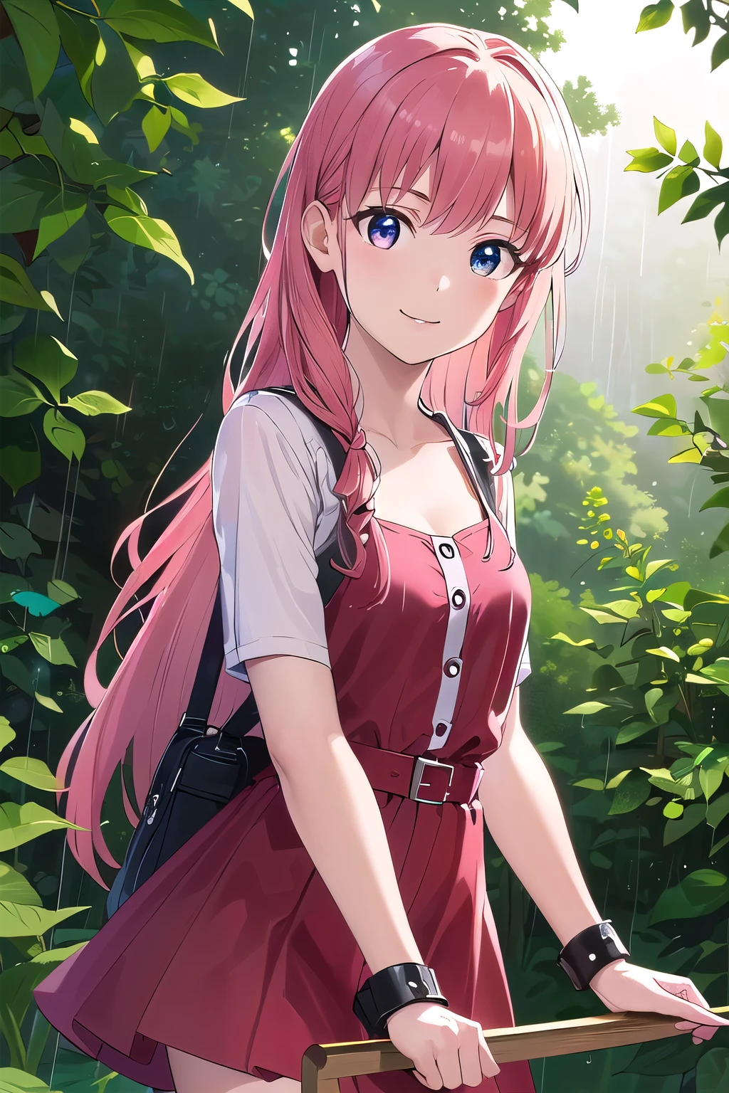 (8K, top-quality, masterpiece:1.2), (reallistic, Photorealsitic:1.37), Super Detail, One girl,), (Highly detailed), (beautifully detailed eyes), (of the highest quality), (super detailed ), (masterpiece), (Detailed face),20yr old, ,1 girl, ((pink hair,long hair)), medium breasts, clothed, Perfect Lighting, BREAK, (red dress:1.2), (white collar and cuffs:1.1), (soft and lightweight cotton:1.1), (Arrietty:1.2), (The Borrower Arrietty:1.2), (girl:1.1), (braids:1.1), (adventure:1.1), BRAKE, (upper body to thighs:1.1), (pink long hair:1.1), (smiling:1.1), (facing forward:1.1), (standing in the rain:1.1), (green forest background:1.1), (soft lighting:1.1)