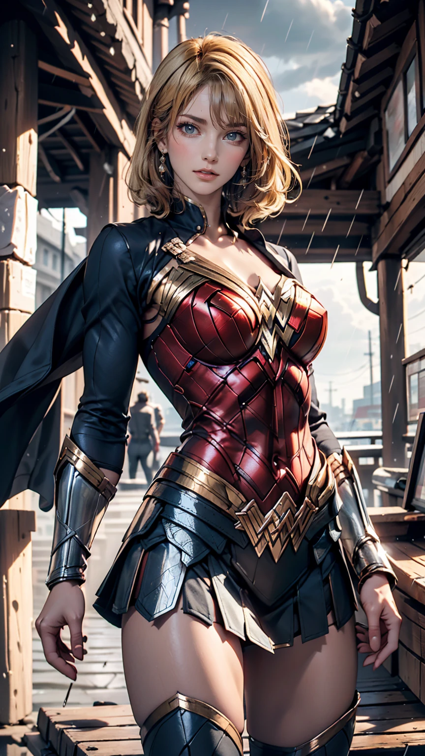18 years old girl, upper body, close-up, black wonder woman suit, short hair, blonde hair, beautiful face, fighting stance, rain, roof, masterpiece, exquisite details, perfect anatomy