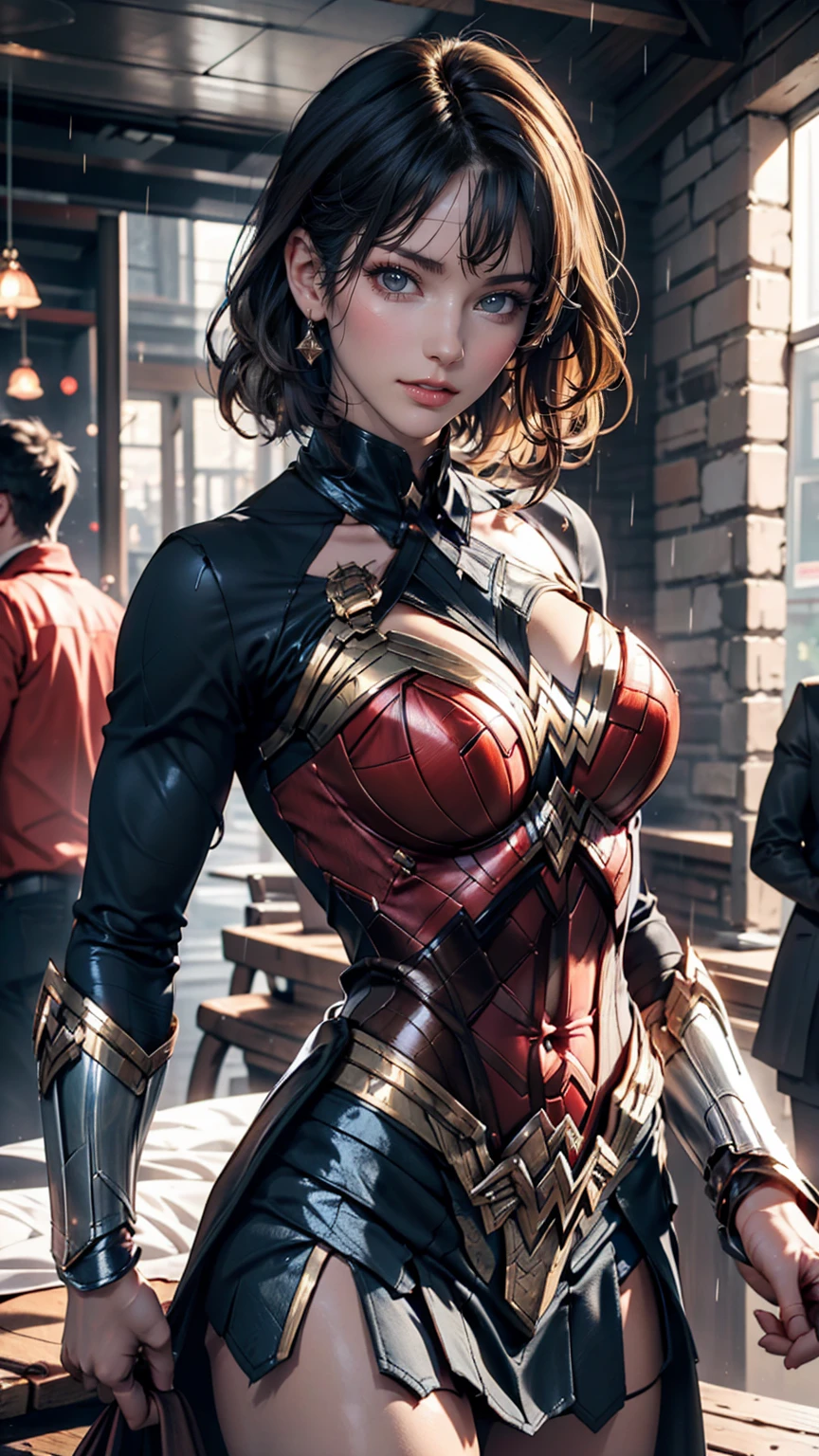 18-year-old girl, Wonder Woman Suit, Short Curly Hair, Blonde, Beautiful Face, rain, roof, masterpiece, Exquisite detail, Perfect Anatomy, Combat Stance、Sexy proportions、Sexy、Narrow waist