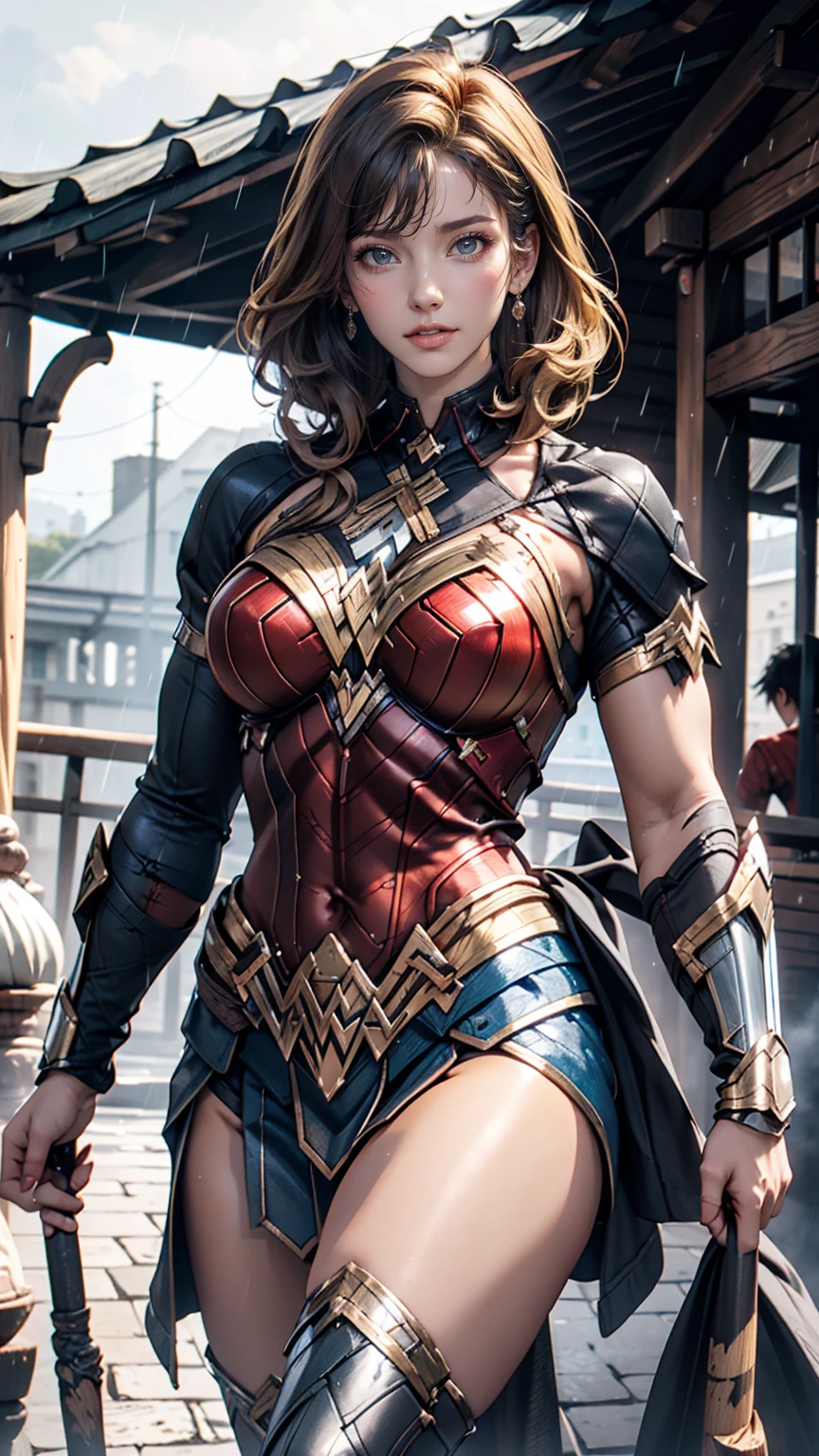 18-year-old girl, Wonder Woman Suit, Short Curly Hair, Blonde, Beautiful Face, rain, roof, masterpiece, Exquisite detail, Perfect Anatomy, Combat Stance、Sexy proportions、Sexy、Narrow waist