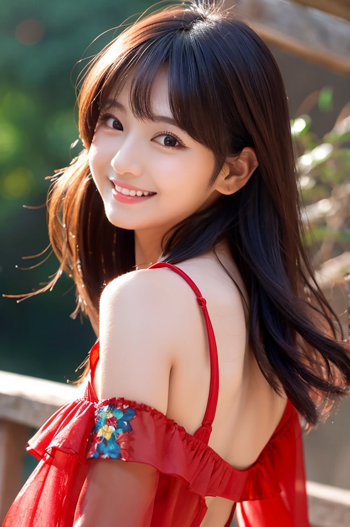 Image resolution 8K、masterpiece:1.3)、Beauty、1 female、(魅力的なBody Type:1.2)、abdomen:1.1、Dark brown hairstyle:1.1、(Body Type:1.2)、Ultra-detailed face、Attractive lips、double eyelid,Wearing a red silk one-piece dress、Super realistic and super cute in every detail、Japanese、Japanese女性、20th generation(28 years old)、Smile with a beautiful smile、Hair blowing in the wind、color々Hair style、Light shining from behind、Black background、
