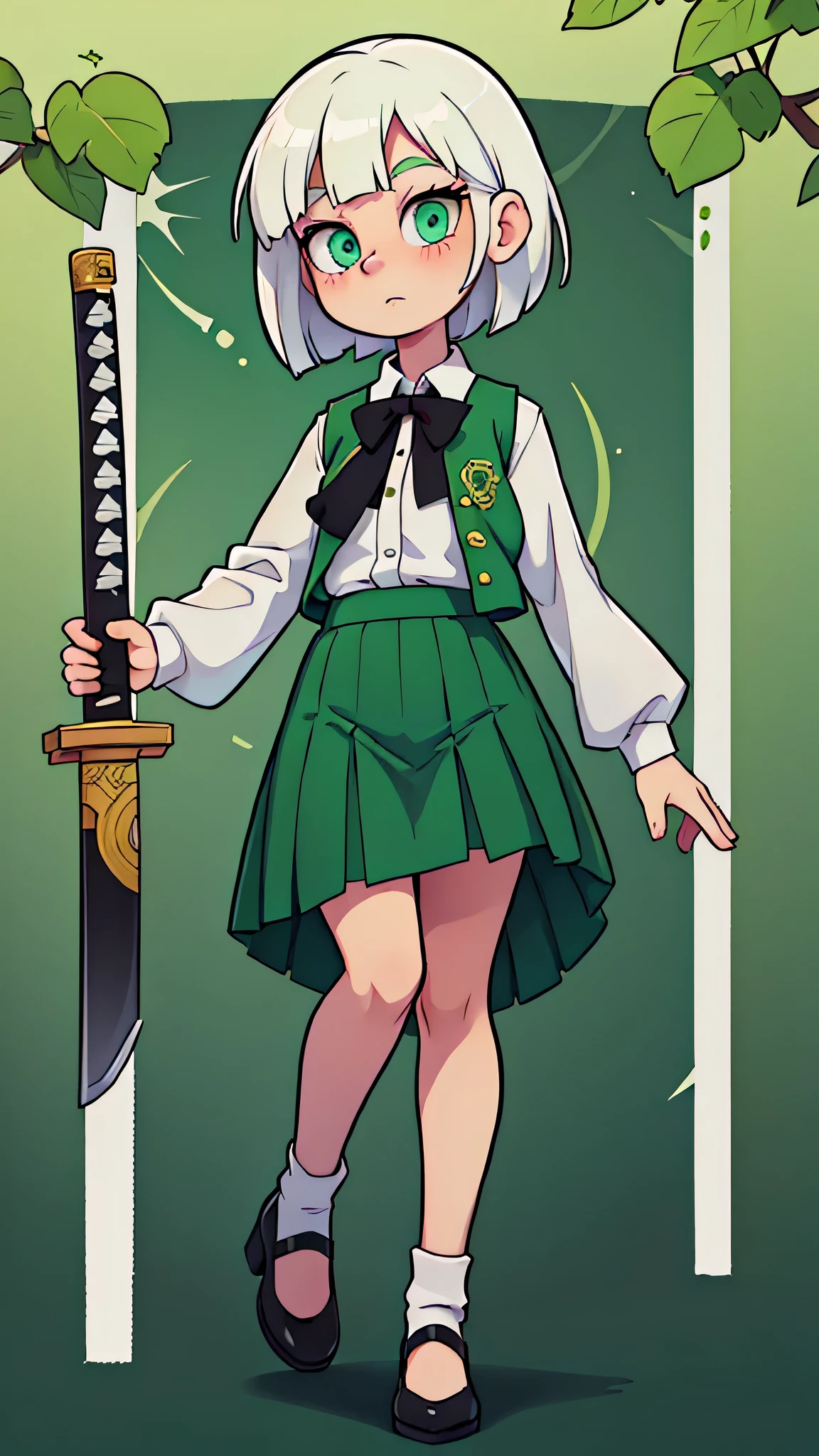 a teenage girl, temple guard, long white albino hair, her glitter green eye, she wears a white button-down blouse, underneath a short green button-down vest, a dark green maxi skirt with a black heel, carries a transparent katana. 