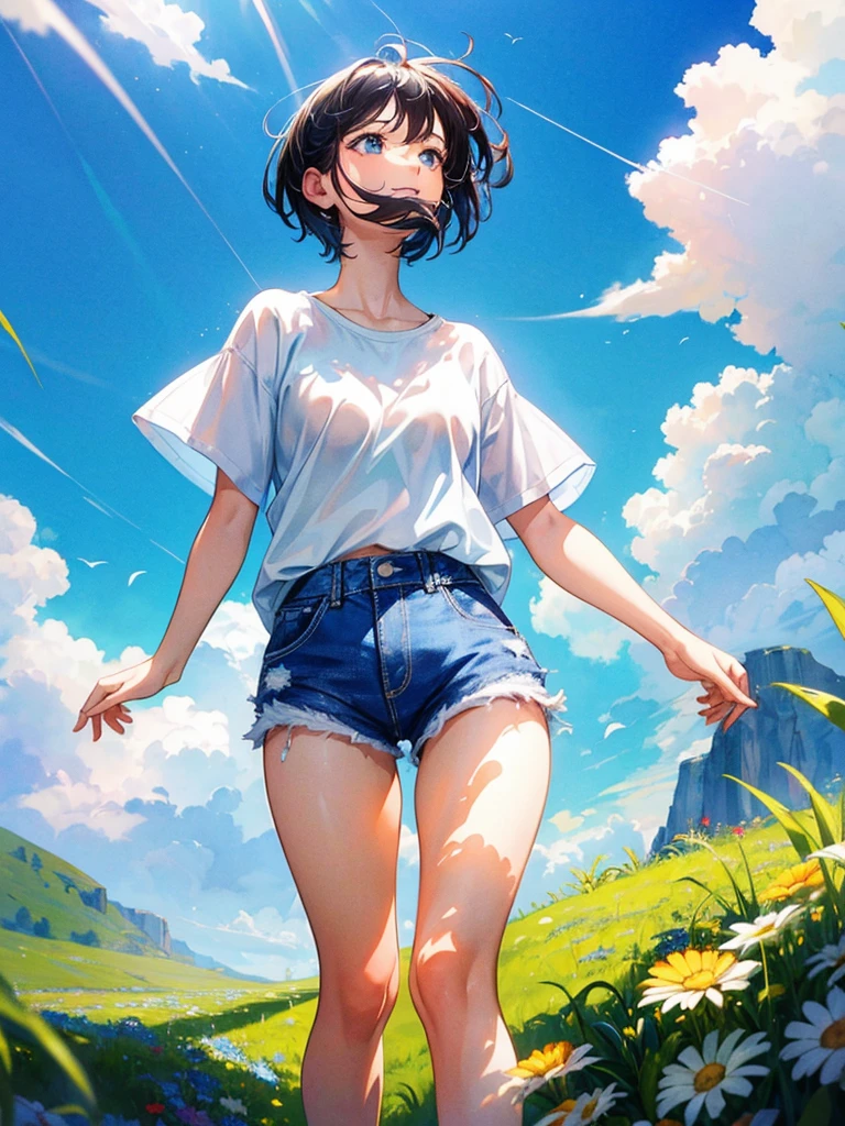 Masterpiece, high-definition, detailed depiction, beautiful, delicate art, of a flame smiling, looking up at the blue sky, side shot, with short hair, wearing a white T-shirt and denim shorts,{{full body shot}},ground-level shot,beautiful blue sky, vivid watercolor, soft lines, beautiful colors, in 4K graphics.