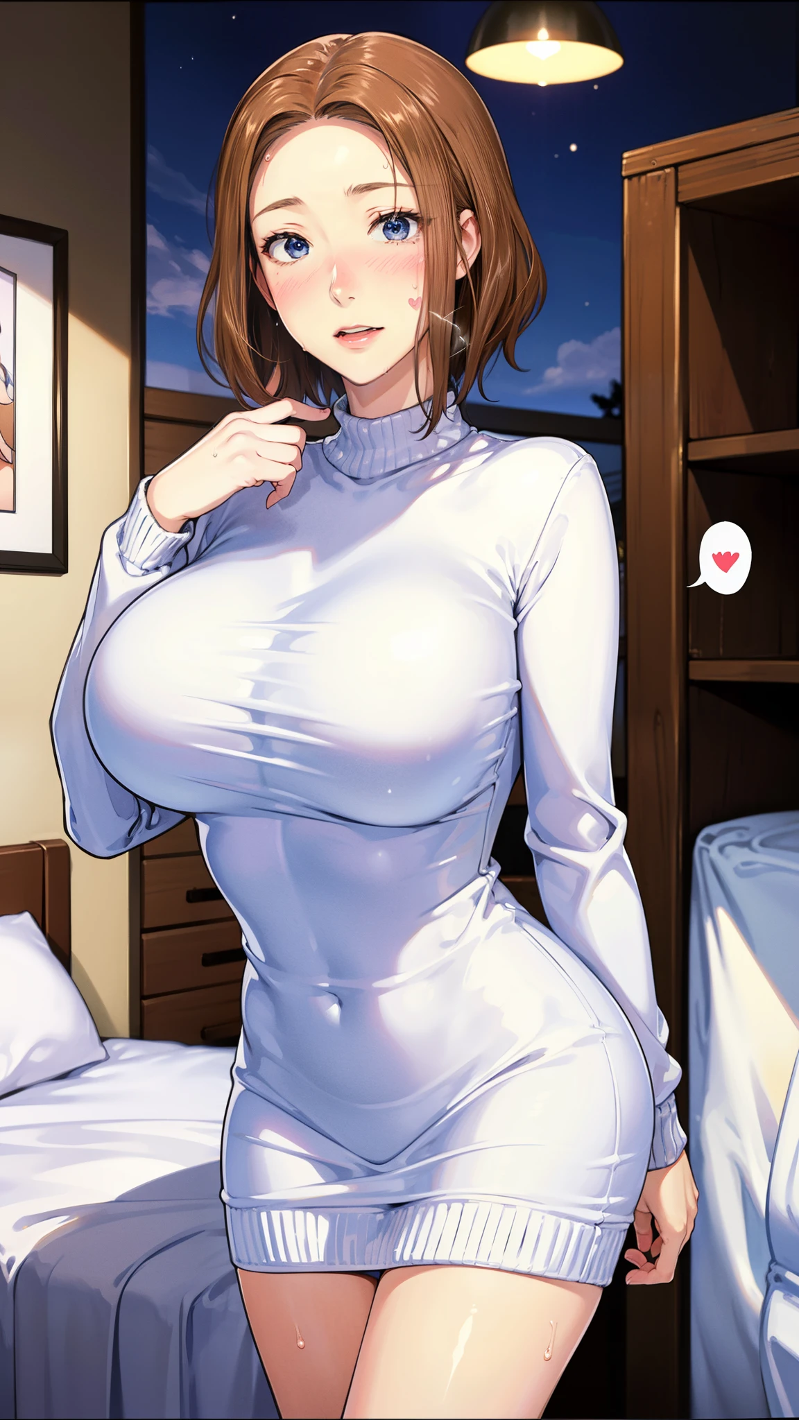(be familiar with, masterpiece, highest quality, Complex),
cowboy shot, Kyoka Tachibana,
big breasts,
1 girl, alone, backyard、
cute eyes, beautiful face, perfect round butt,
fit and body, female pervert,
alone, pale skin,
blue eyes, ((beautiful mature woman)),
White vertical rib mini sweater dress、
enchanting smile, naughty face, Sweat, vapor, embarrassed, blush, Excited, ((spoken heart, Lines、gasp, Sound effect))
Best Sexual Poses, cover the crotch,
hostel、indoors at night、on the bed