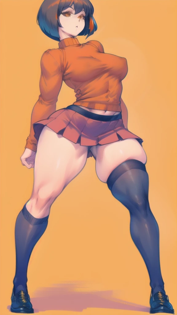 Full body image of Velma from Scooby-Doo, full body in image, wearing her original outfit (orange sweater, red skirt, knee-high orange socks, and black shoes), short brown bob haircut, female body, curvy and  body, dynamic pose, detailed pose, simple background, expressive face showing curiosity, focus on face, line art, sketch