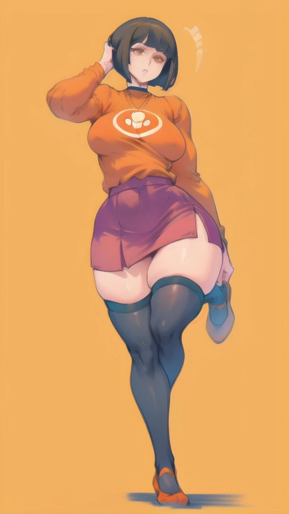 Full body image of Velma from Scooby-Doo, full body in image, wearing her original outfit (orange sweater, red skirt, knee-high orange socks, and black shoes), short brown bob haircut, female body, curvy and  body, dynamic pose, detailed pose, simple background, expressive face showing curiosity, focus on face, line art, sketch