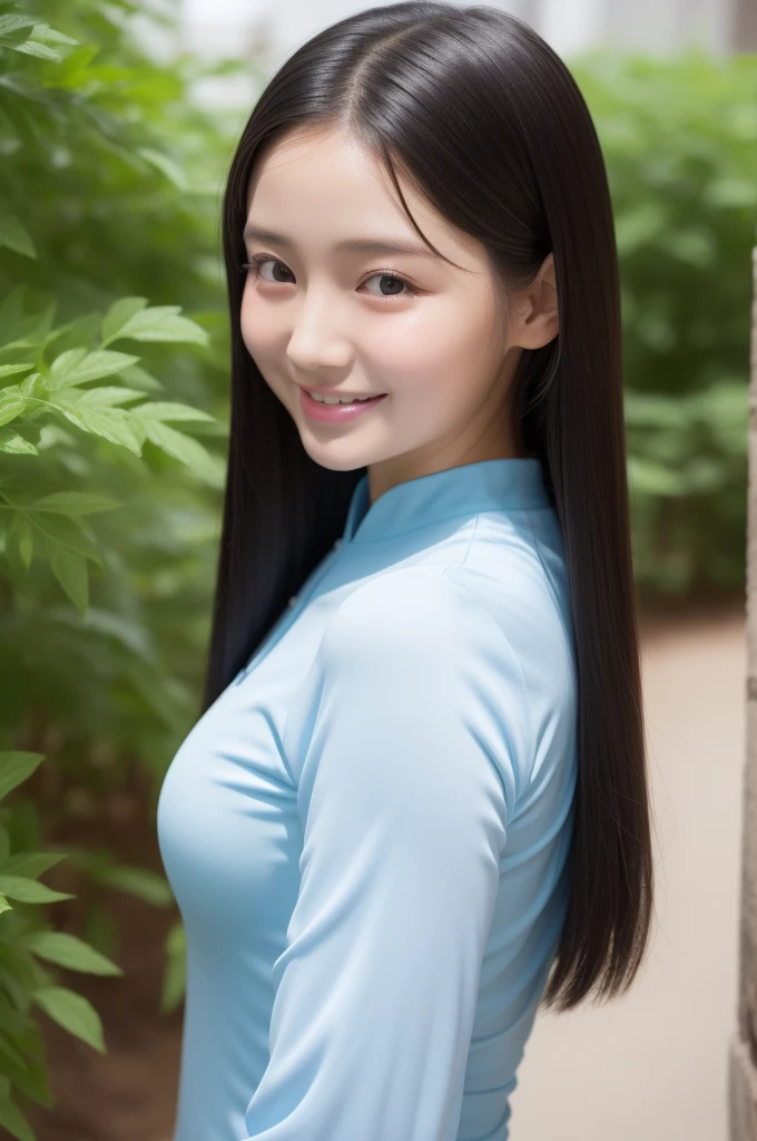 Highest quality、Blue ultra-thin, ultra-fitting, ultra-tight Ao Dai、Beautiful girl、、Keep your eyes down、Upper body、Black-haired、Ultra-detailed skin、Moisturized Skin、A shy smile