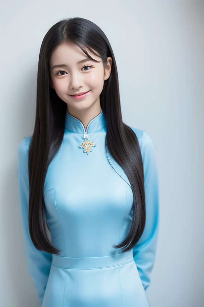 Highest quality、Blue ultra-thin, ultra-fitting, ultra-tight Ao Dai、Beautiful girl、13 years old、Keep your eyes down、Upper body、Black-haired、Ultra-detailed skin、Moisturized Skin、A shy smile