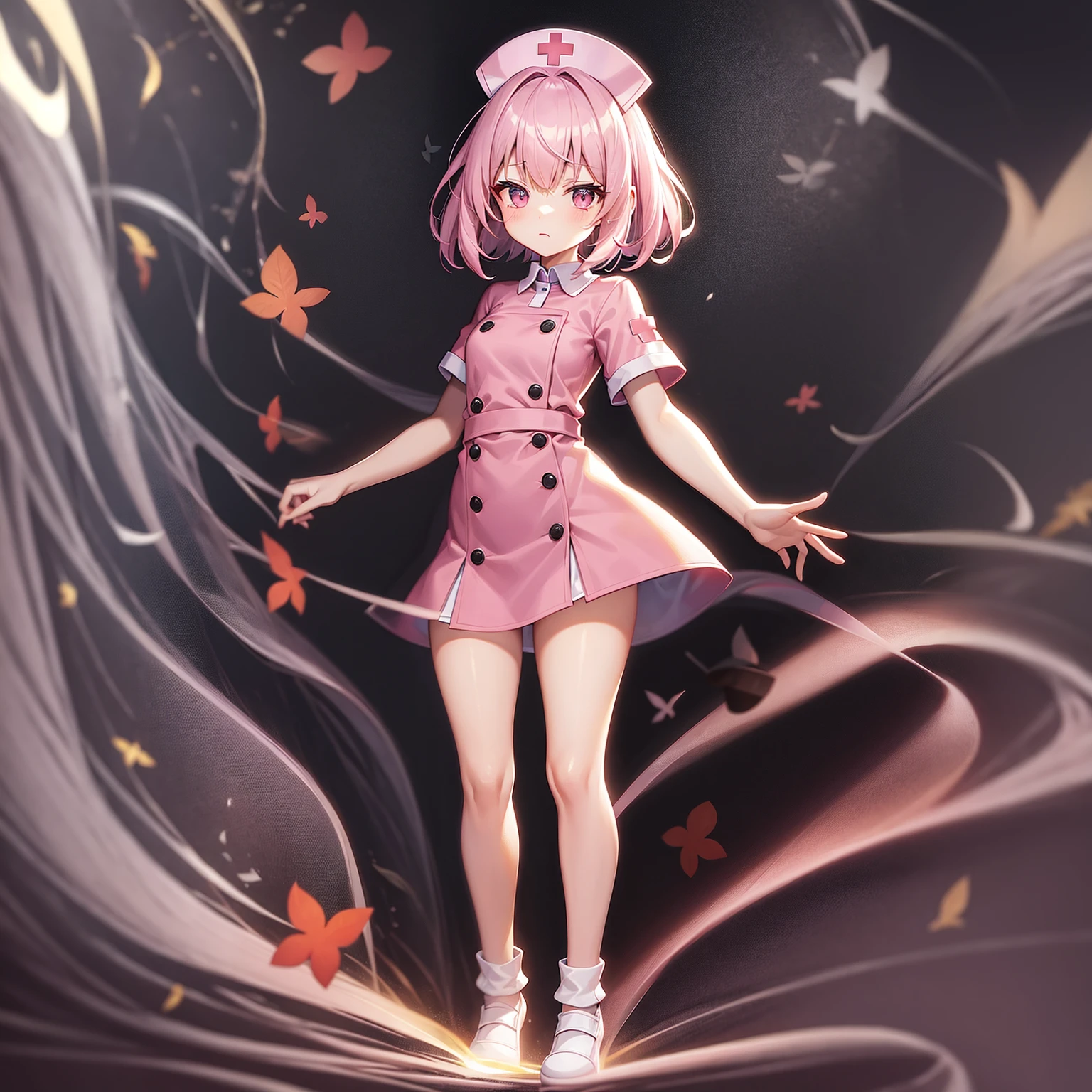 ((nurse)),((Pale pink clothes)),mini skirt,Cute little ,Tiny ,Small girl,,Childish face, Very fine clean face,Top quality,Black Hair,(Dark Room), Subtle light, Natural light,Soft lighting,Light from directly behind, (Are standing),With bust up,Front view,Black background