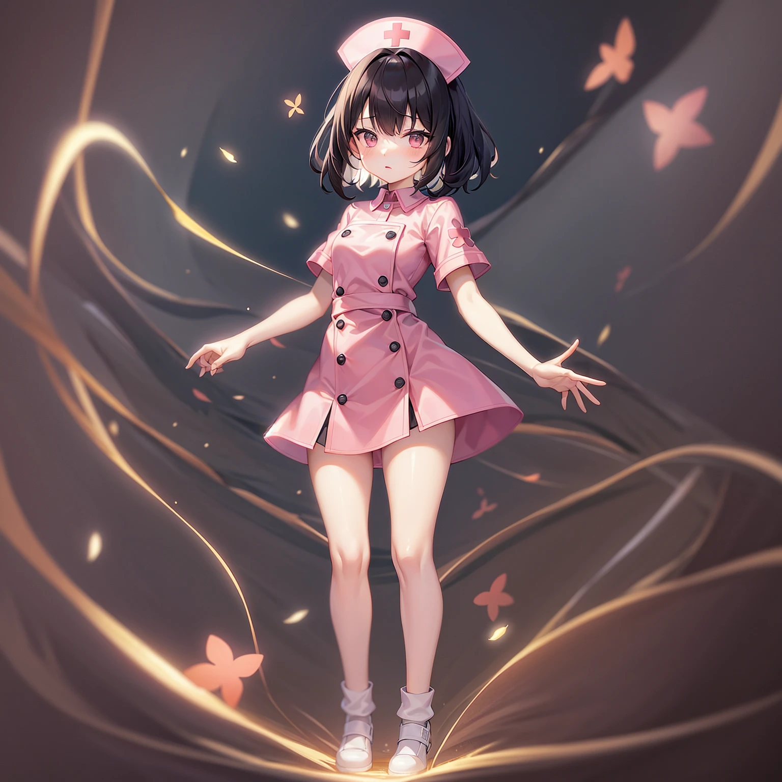 ((nurse)),((Pale pink clothes)),mini skirt,Cute little ,Tiny ,Small girl,,Childish face, Very fine clean face,Top quality,Black Hair,(Dark Room), Subtle light, Natural light,Soft lighting,Light from directly behind, (Are standing),With bust up,Front view,Black background