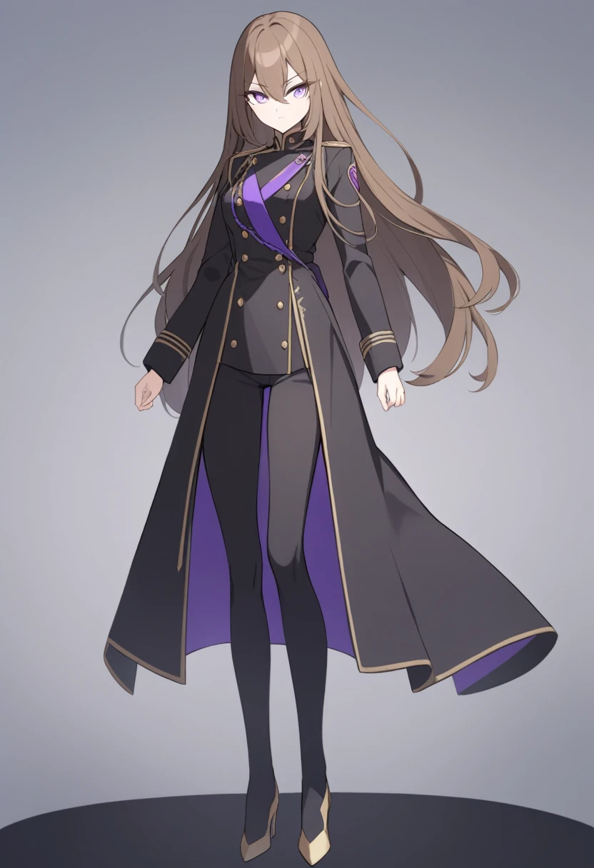 Illustrate a full-body anime girl with long, flowing brown hair,  wearing a military shirt under a  open long black overcoat with gold buttons, styled in a way that accentuates her confident and commanding presence. The character should have sharp,  violet determined eyes and a poised expression.