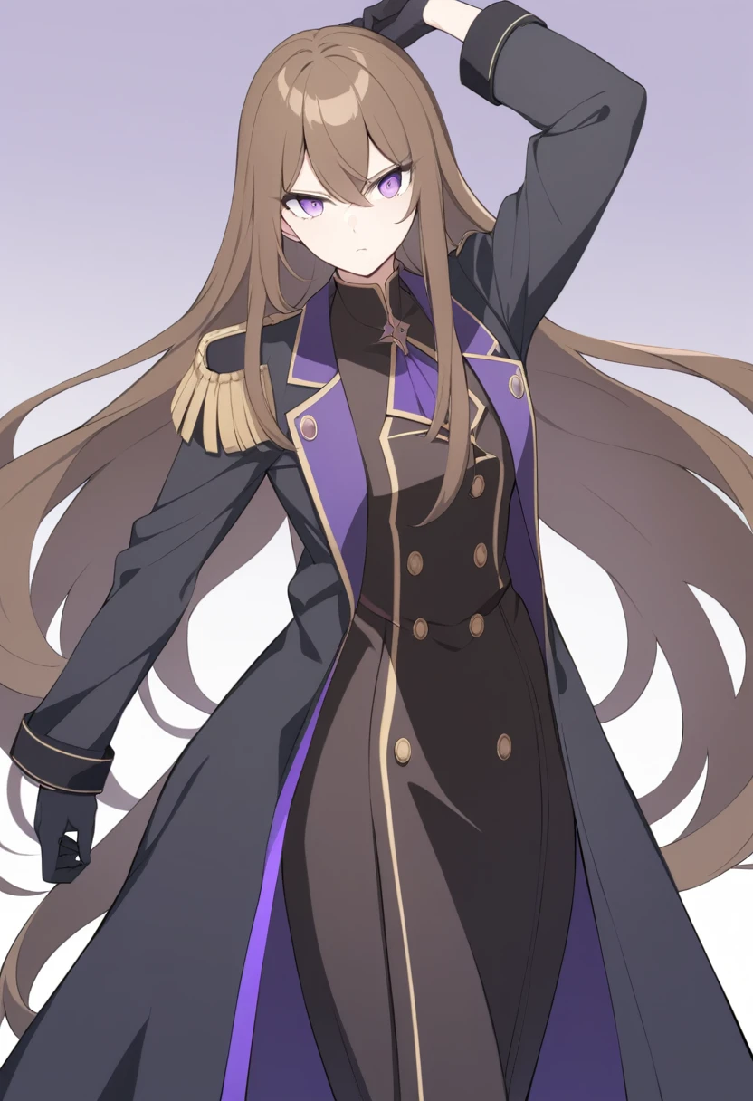 Illustrate a full-body anime girl with long, flowing brown hair, wearing a military shirt under a open long black overcoat with gold buttons, styled in a way that accentuates her confident and commanding presence. The character should have sharp, violet determined eyes and a poised expression.