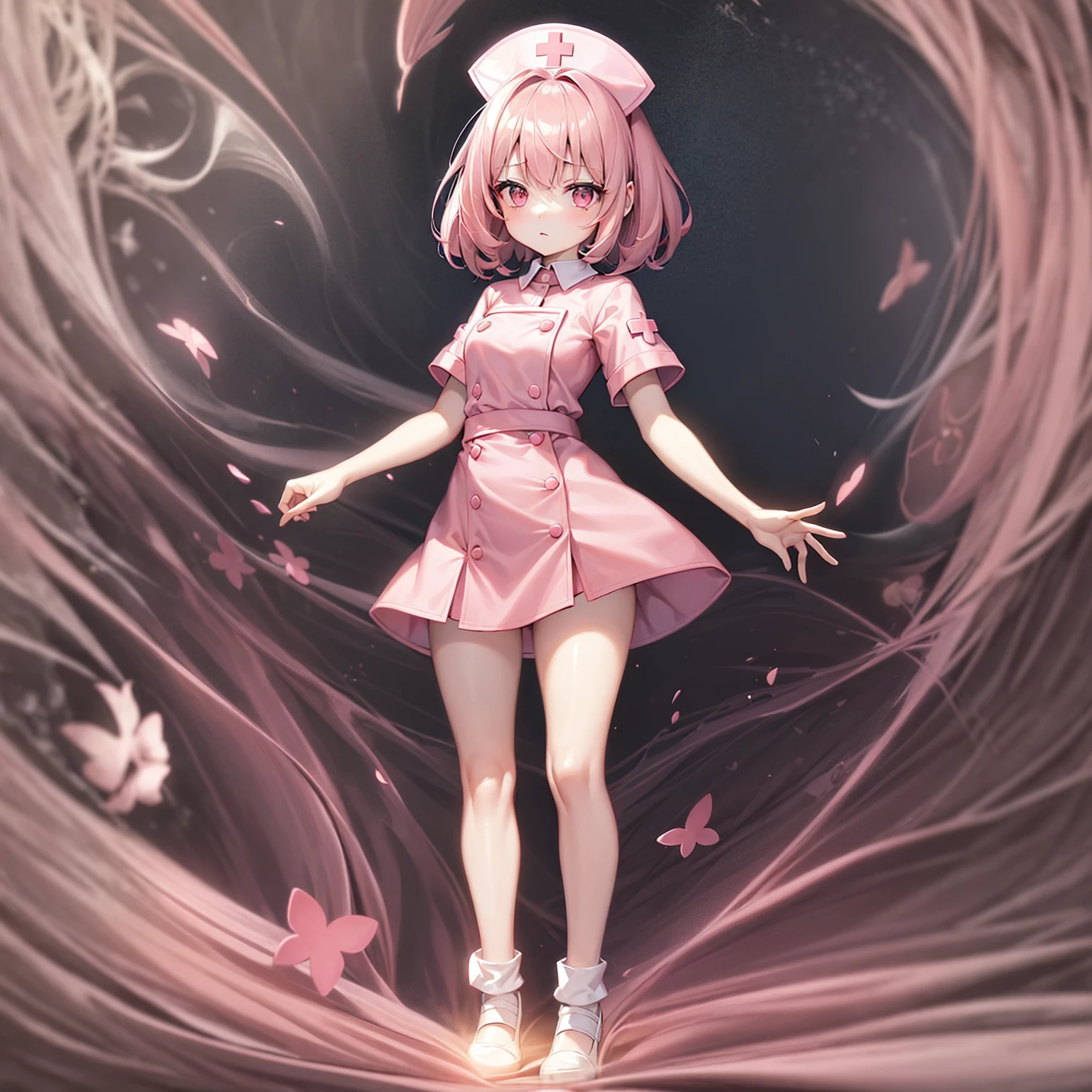 ((nurse)),((Pale pink clothes)),mini skirt,Cute little ,Tiny ,Small girl,,Childish face, Very fine clean face,Top quality,Black Hair,(Dark Room), Subtle light, Natural light,Soft lighting,Light from directly behind, (Are standing),With bust up,Front view,Black background