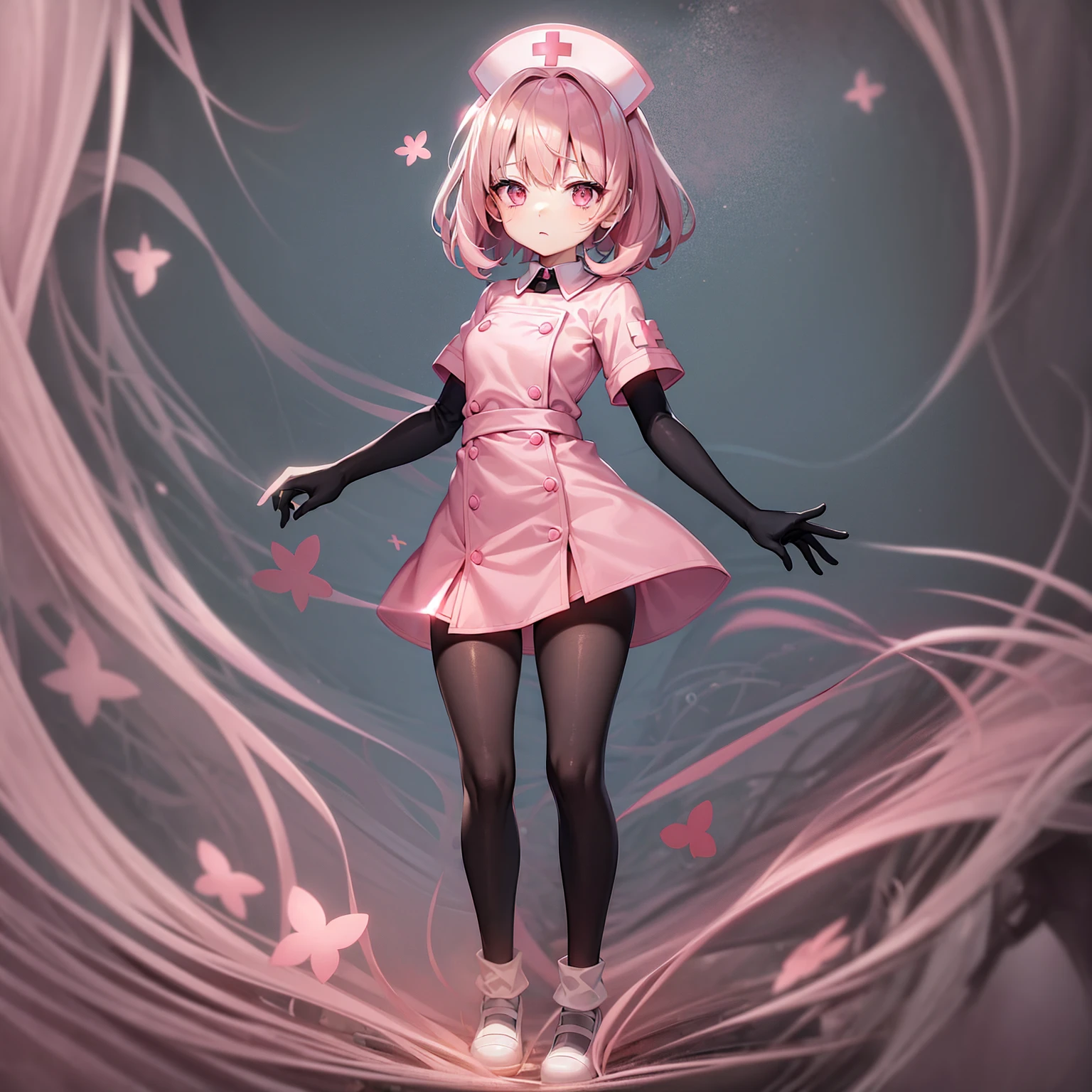 ((nurse)),((Pale pink clothes)),mini skirt,Cute little ,Tiny ,Small girl,,Childish face, Very fine clean face,Top quality,Black Hair,(Dark Room), Subtle light, Natural light,Soft lighting,Light from directly behind, (Are standing),With bust up,Front view,Black background