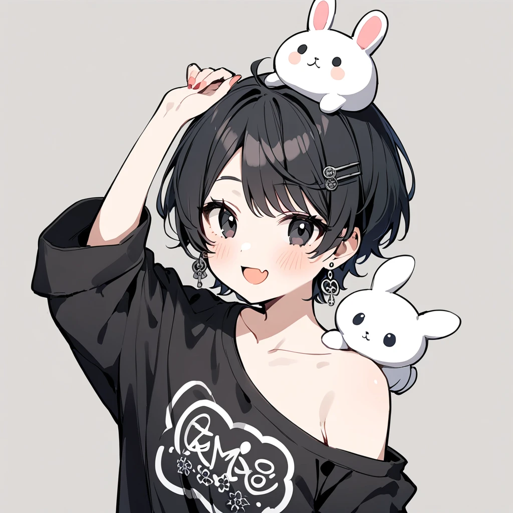 1girl,solo,black hair,short hair,black eyes,sliver earrings,black hairpin,black ,gray background,amo style,oversized shirt, shirt, off shoulder,mesugaki, smile, looking at viewer, rabbit stuffed
,holding rabbit stuffed,blush, hand up, skin fang, ,style5,