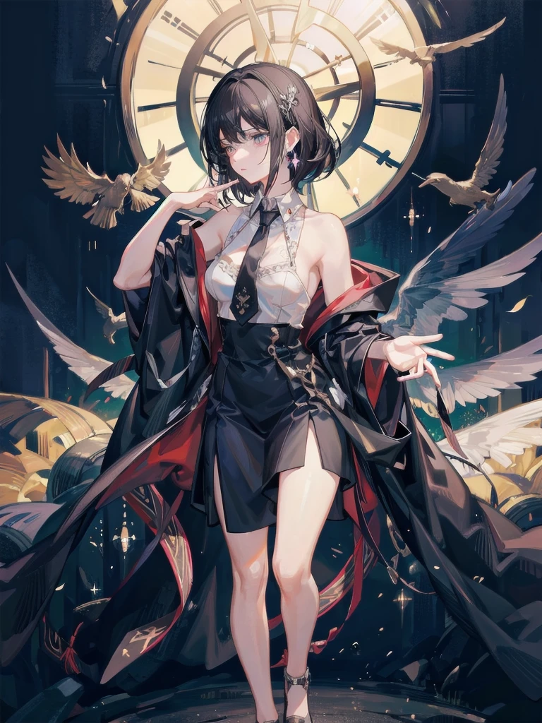 absurdres, RAW photo, extremely delicate and beautiful, masterpiece, Best Quality, ultra high resolution, 32k, hyperrealistic, ultra-detailed, maximum details, cinematic, abstract art, dark theme, deep shadow, delicate facial features, beautiful detailed woman, tearful mole, earring, medium breasts, (full body shot), medium hair, black hair, hogwarts teacher, curious, necktie, cloak,