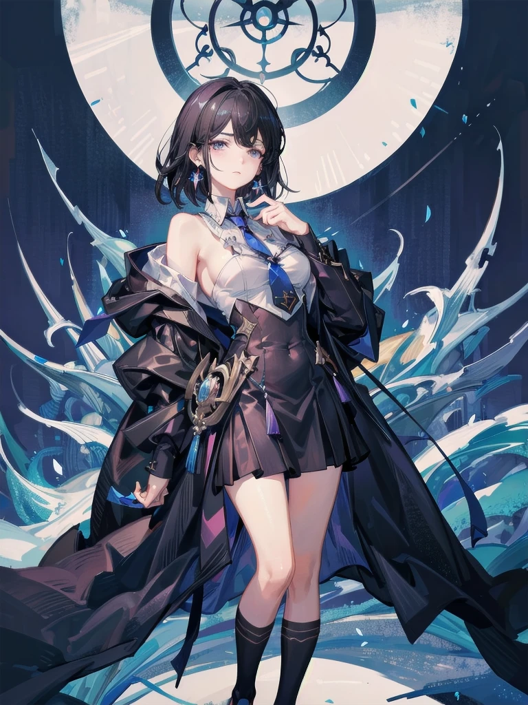 absurdres, RAW photo, extremely delicate and beautiful, masterpiece, Best Quality, ultra high resolution, 32k, hyperrealistic, ultra-detailed, maximum details, cinematic, abstract art, dark theme, deep shadow, delicate facial features, beautiful detailed woman, tearful mole, earring, medium breasts, (full body shot), medium hair, black hair, hogwarts teacher, curious, necktie, cloak,
