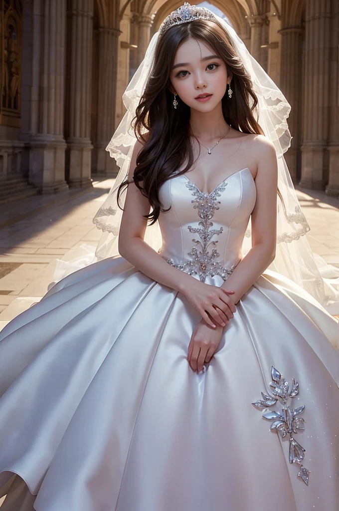 best quality, masterpiece, 1 girl, long hair, huge laugh, cute , shiny lips, sweet, sun glare, Conservative attire, wedding dress, bridal tiara, depth of field, blurred background, Cathedral Background, light particles, strong wind, head tilt