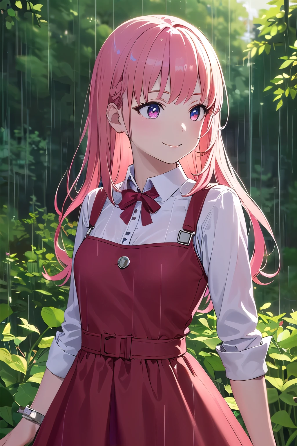 (8K, top-quality, masterpiece:1.2), (reallistic, Photorealsitic:1.37), Super Detail, One girl,), (Highly detailed), (beautifully detailed eyes), (of the highest quality), (super detailed ), (masterpiece), (Detailed face),20yr old, ,1 girl, ((pink hair,long hair)), medium breasts, clothed, Perfect Lighting, BREAK, (red dress:1.2), (white collar and cuffs:1.1), (soft and lightweight cotton:1.1), (Arrietty:1.2), (The Borrower Arrietty:1.2), (girl:1.1), (braids:1.1), (adventure:1.1), BRAKE, (upper body to thighs:1.1), (pink long hair:1.1), (smiling:1.1), (facing forward:1.1), (standing in the rain:1.1), (green forest background:1.1), (soft lighting:1.1)
