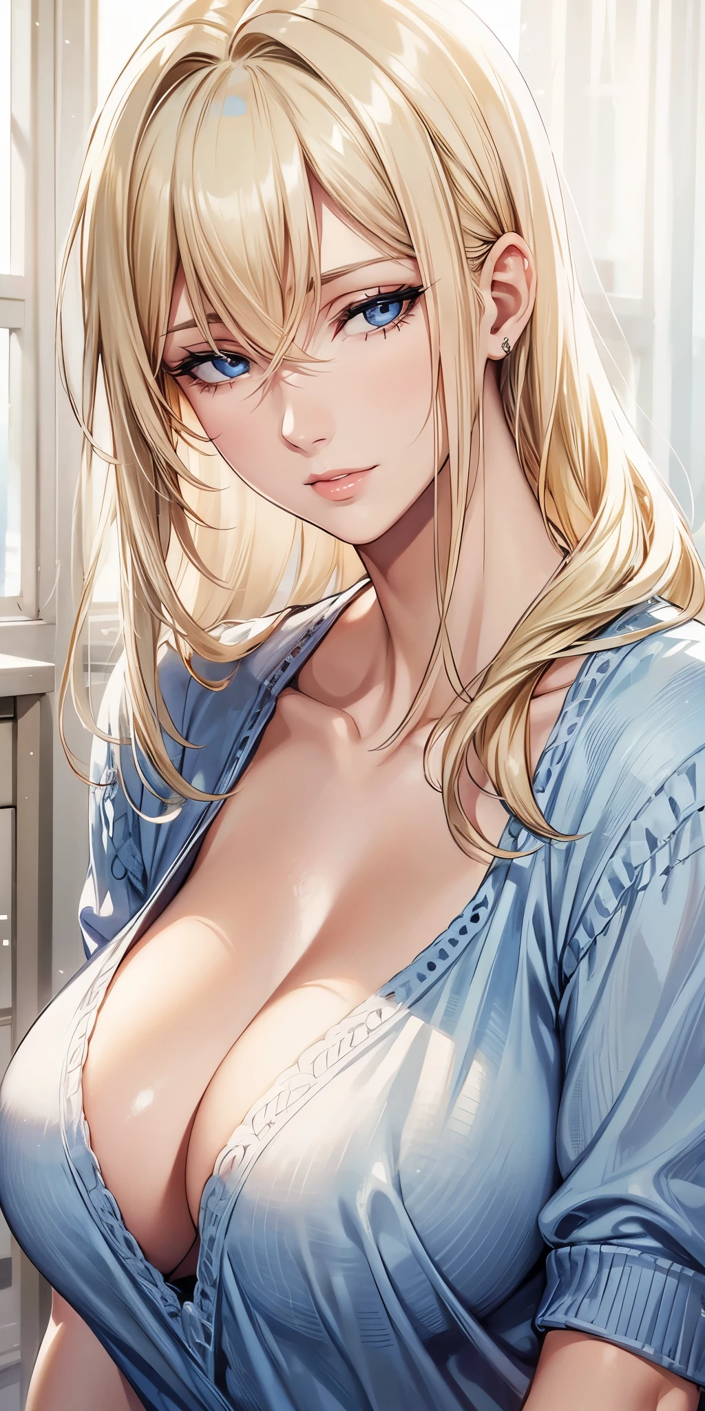 Elegant mature woman, milf, blue eyes, blonde hair, soft light, high detailed, 4k resolution, high quality, beautiful cg