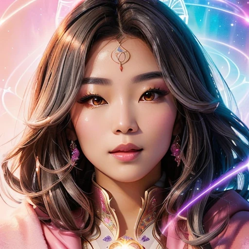 A full body picture of a beautiful female Asian magician with light brown hair (with a few streaks of gray) and wearing pink robes, magical aura and glowing lights and magic symbols in the background
