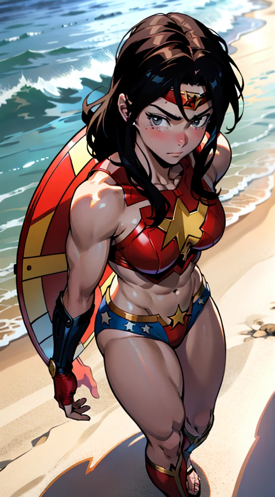 アニメ cel-shading Wonderwoman, bikini, on the beach in ((anime + manga + comics + cartoon) style)