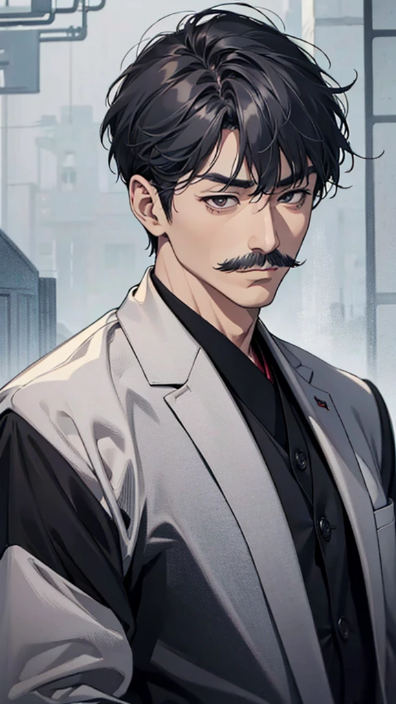Asian face, Japanese, 60-year-old man, dark eyes, short, sensible suit, gray hair, gray moustache, upper body