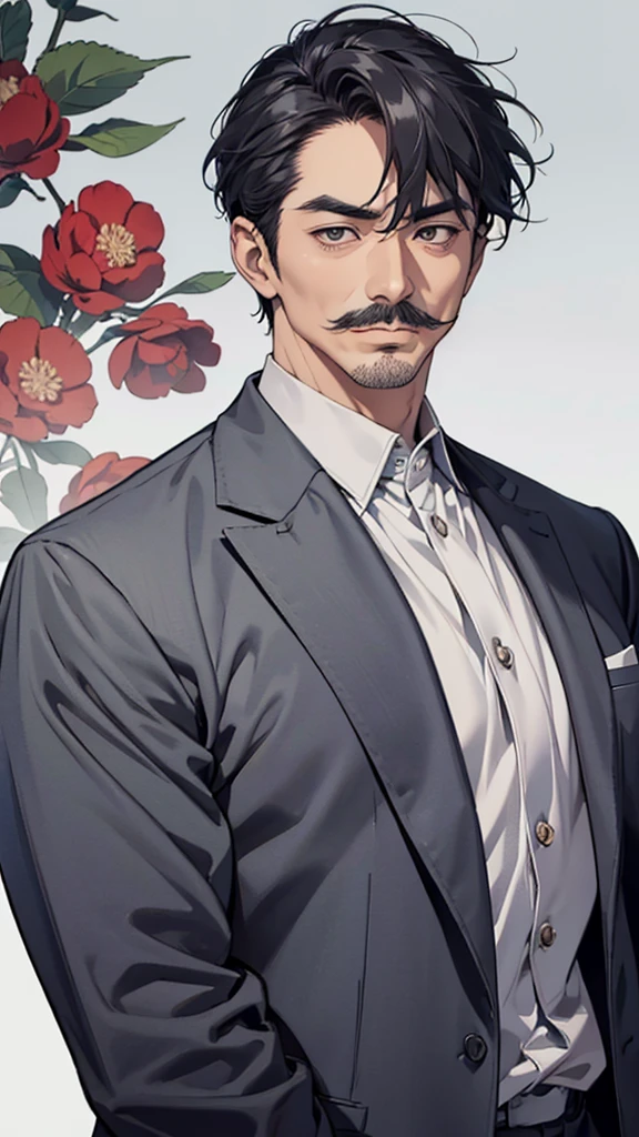 Asian face, Japanese, 60-year-old man, dark eyes, short, sensible suit, gray hair, gray moustache, upper body