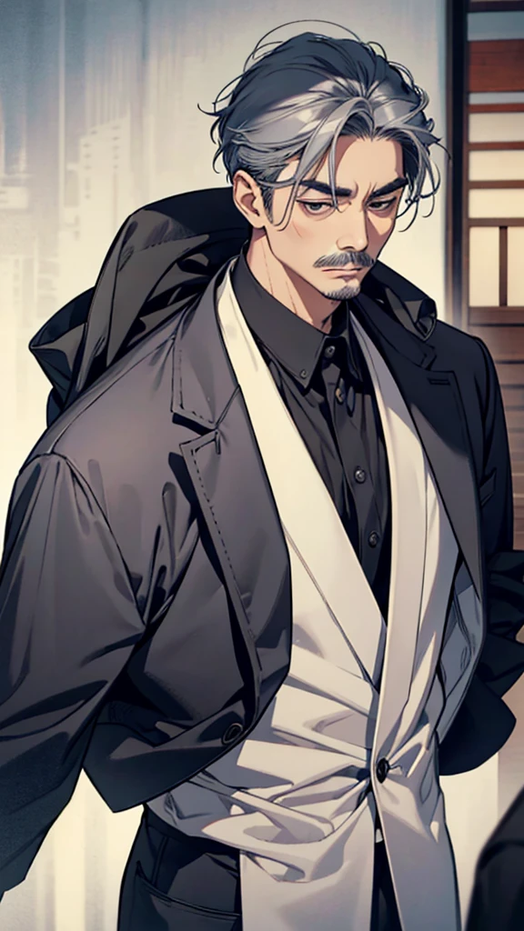 Asian face, Japanese, 60-year-old man, dark eyes, short, sensible suit, gray hair, gray moustache, upper body