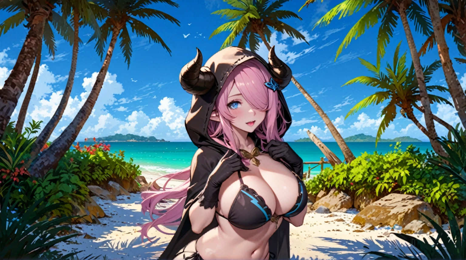 Vibrant, high-definition anime-style illustration set on a tropical beach. The layout features a central female character, Narmaya, with long pink hair, partially covered by a hooded cloak adorned with brown horns. She has fair skin, large expressive blue eyes and pink pupils, and a small blue butterfly hair clip. One eye is covered by her hair. The character is wearing a revealing black ?????? with gold accents, and her hands are holding the edges of her cloak. The background showcases a pristine beach with white sand, lush green foliage, and tall palm trees. The clear blue sky and turquoise ocean complete the idyllic setting, with distant islands visible on the horizon. Narmaya and her attire are meticulously detailed. The intense effort put into shading brings this image to a realistic style. Gorgeous vibrant colors draw the eye. Narmaya's suggestive stance brings the viewers focus to her large and perfectly shaped ???????.

(masterpiece), best quality, expressive eyes, perfect face, suggestive pose, purple and pink background, seductive, fantasy, 8k, absurdres, narmaya, pink hair, blue eye with pink pupil, hair over eye, draph, horns, butterfly hair clip, black ??????, hood, defined hands, perfect hands, perfect fingers,