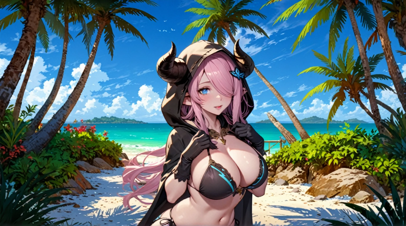 Vibrant, high-definition anime-style illustration set on a tropical beach. The layout features a central female character, Narmaya, with long pink hair, partially covered by a hooded cloak adorned with brown horns. She has fair skin, large expressive blue eyes and pink pupils, and a small blue butterfly hair clip. One eye is covered by her hair. The character is wearing a revealing black bikini with gold accents, and her hands are holding the edges of her cloak. The background showcases a pristine beach with white sand, lush green foliage, and tall palm trees. The clear blue sky and turquoise ocean complete the idyllic setting, with distant islands visible on the horizon. Narmaya and her attire are meticulously detailed. The intense effort put into shading brings this image to a realistic style. Gorgeous vibrant colors draw the eye. Narmaya's suggestive stance brings the viewers focus to her large and perfectly shaped breasts.
(masterpiece), best quality, expressive eyes, perfect face, suggestive pose, purple and pink background, seductive, fantasy, 8k, absurdres, narmaya, pink hair, blue eye with pink pupil, hair over eye, draph, horns, butterfly hair clip, black bikini, hood, defined hands, perfect hands, perfect fingers,