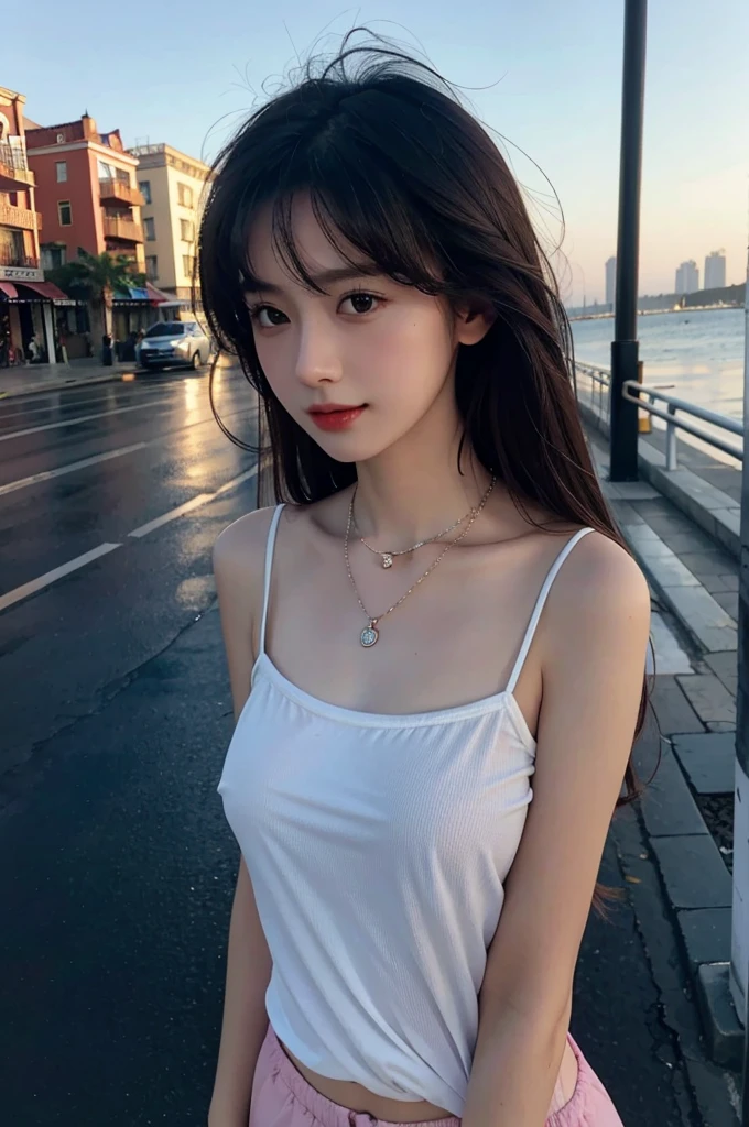 Best quality at best,Original,tmasterpiece,Ultra-high resolution,Sweet girl,Draped with hair,Necklace necklace,Camisole,medium boob,beachside,City,healed