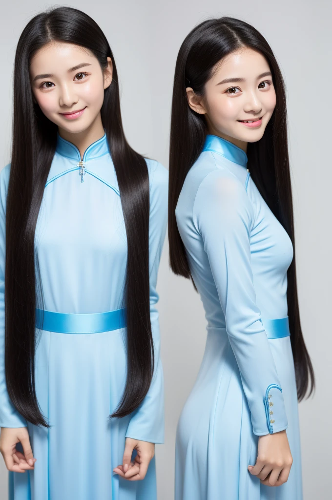 Highest quality、Blue ultra-thin, ultra-fitting, ultra-tight Ao Dai、Beautiful girl、13 years old、Keep your eyes down、Upper body、Black-haired、Ultra-detailed skin、Moisturized Skin、A shy smile